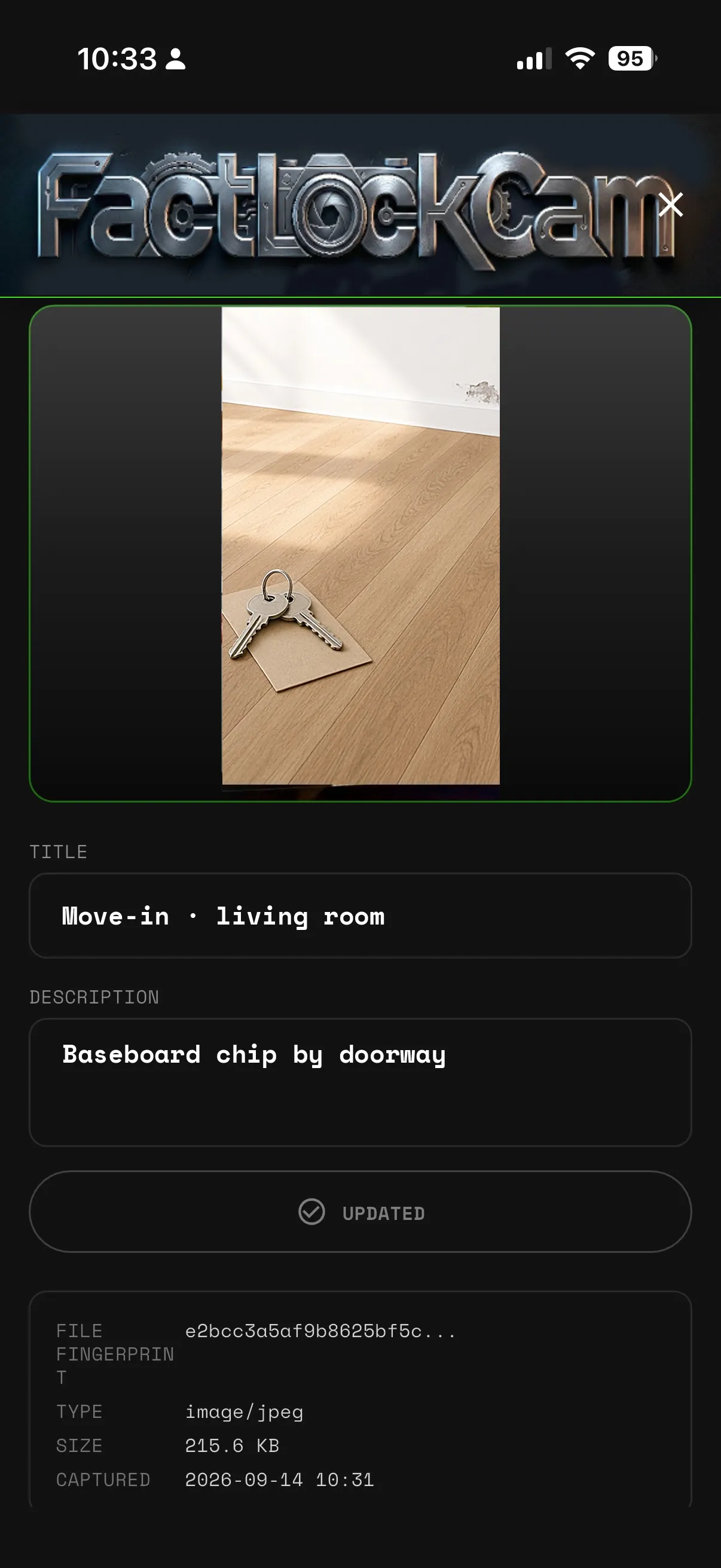 FactLockCam capture screen, move-in / move-out